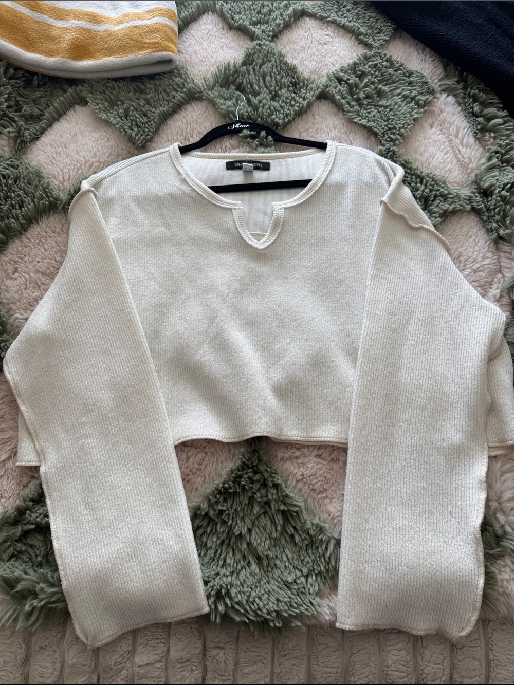 Urban Outfitters Cream Cropped Notch-Neck Sweater